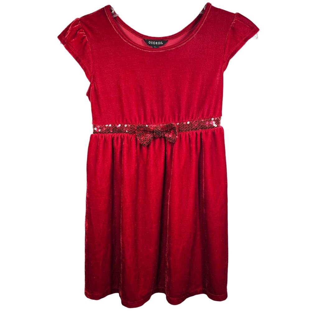 George Little Girls Faux Velveteen Red Christmas Holiday Dress Size 7-8